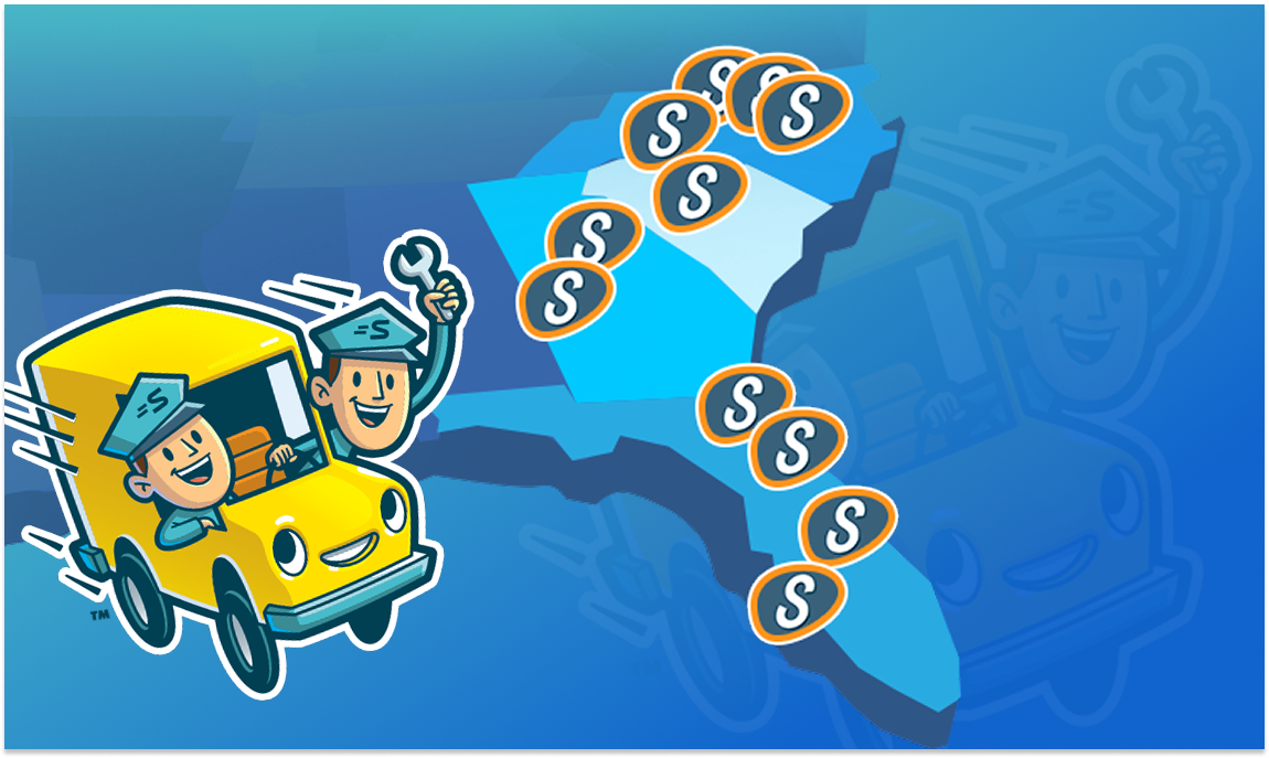Cartoon yellow bus driving beneath a trail of dollar-sign coins on a blue background.