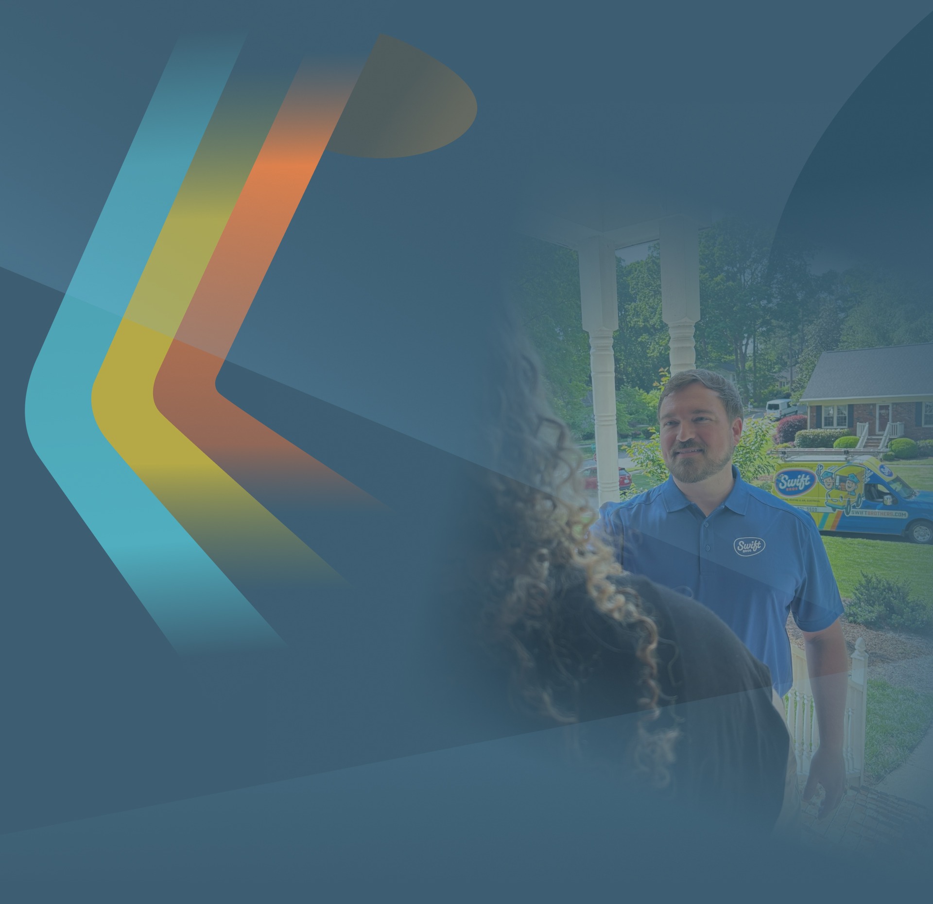 Graphic with a colorful abstract arrow and a faded photo of a man in a blue shirt outdoors.