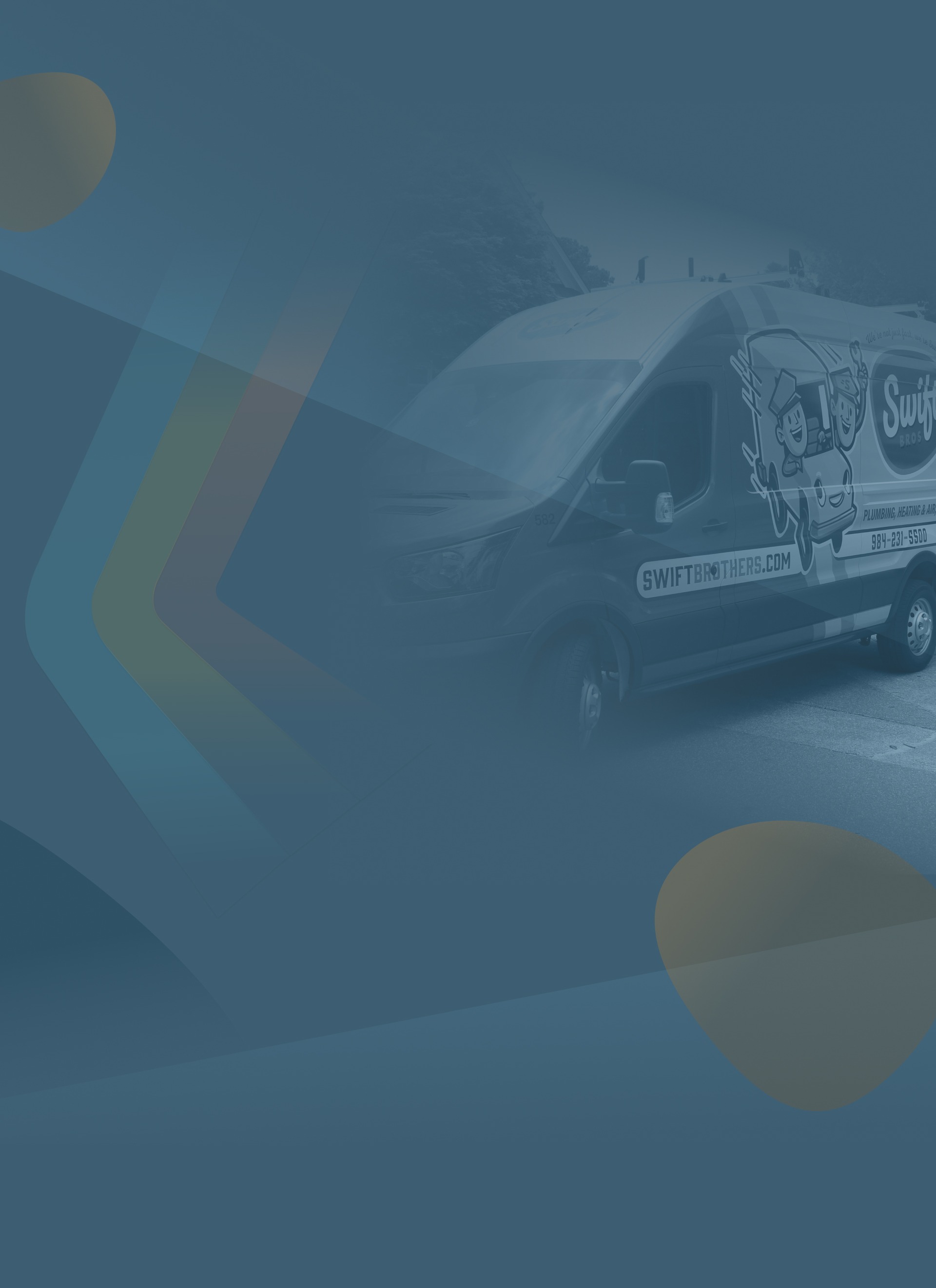 Faded vintage delivery truck on a blue graphic background with abstract arrows and circles.