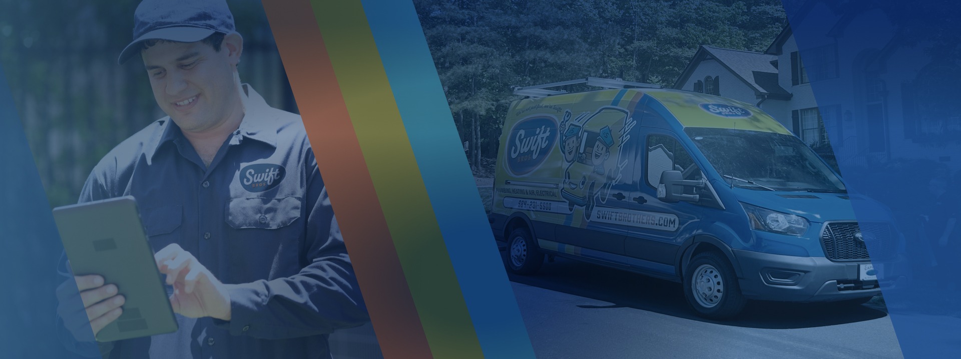 Promotional banner graphic with a technician, service van, and colorful diagonal stripes.