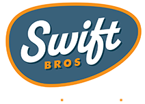 Swift Bros logo in a teal oval with orange and white borders and white script lettering.