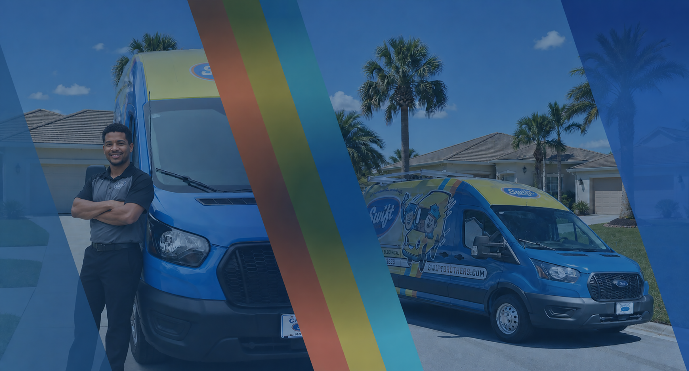 Photograph of a woman beside a blue car, with a colorful diagonal stripe overlay and a blue car in the background.