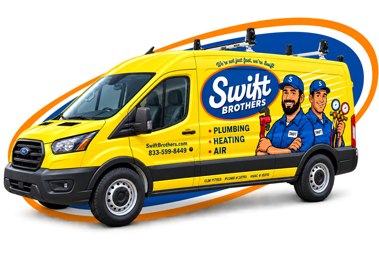 Swift-branded yellow service van with illustrated workers and service listings.