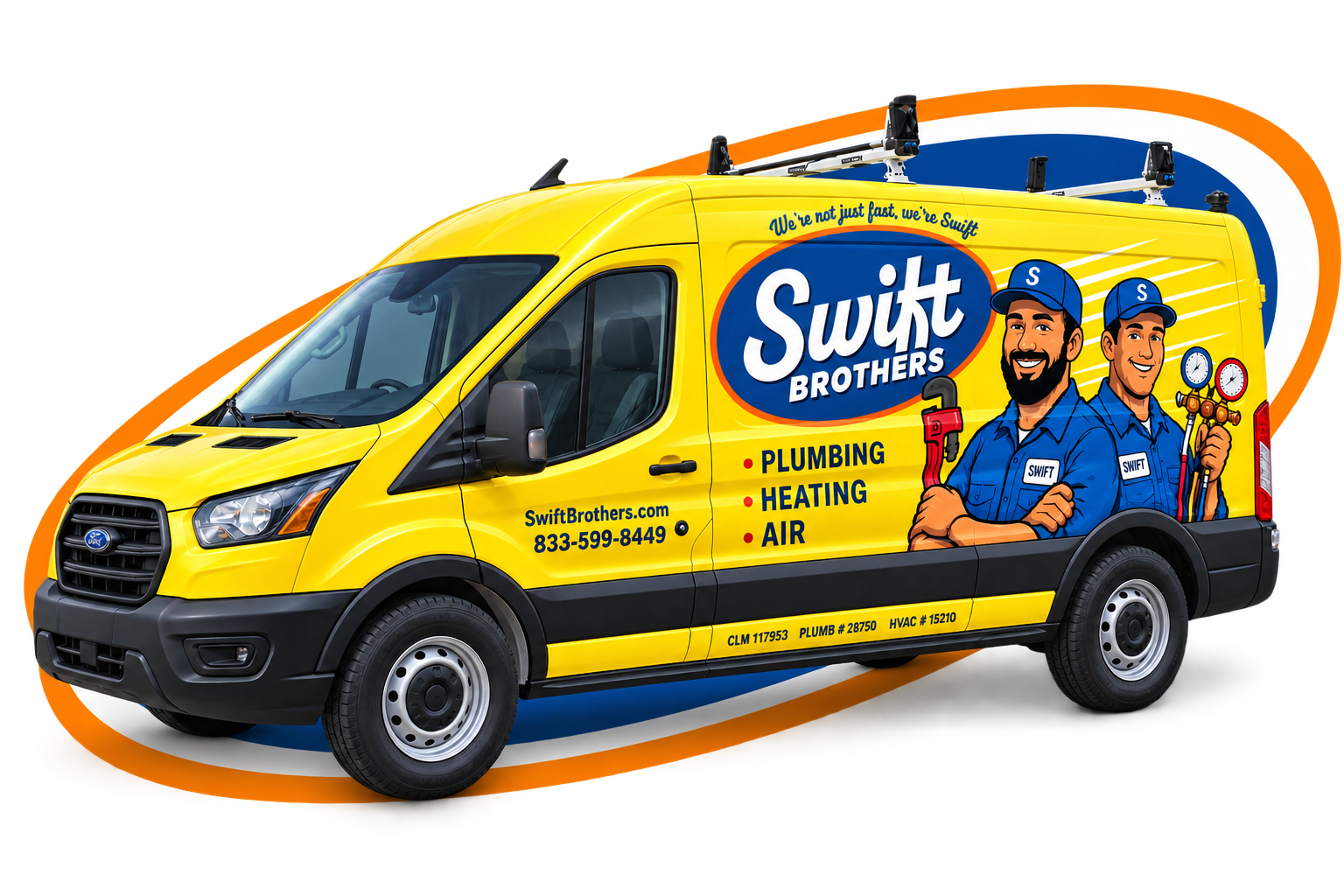 Swift-branded yellow service van with cartoon workers and blue-and-orange swoosh graphics.