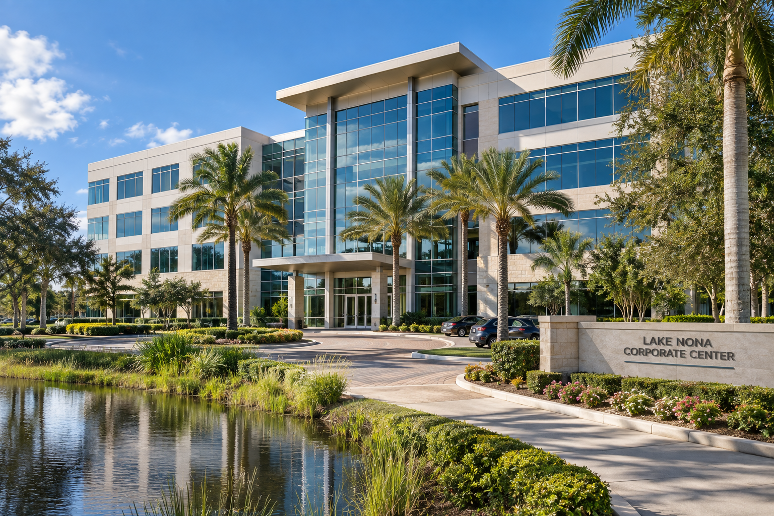Modern glass-front office building with palm trees, pond, and sign reading &ldquo;Cohen Children&rsquo;s Medical Center.&rdquo;