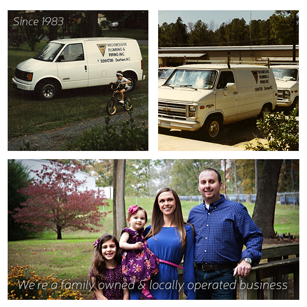 Collage of a family business: vintage service vans, a cyclist, and a family portrait.