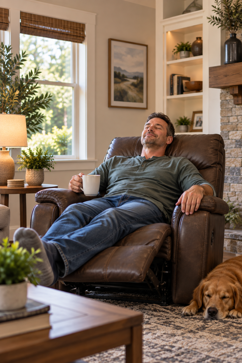 Man relaxing in a leather recliner beside a fireplace, with a dog lying nearby.