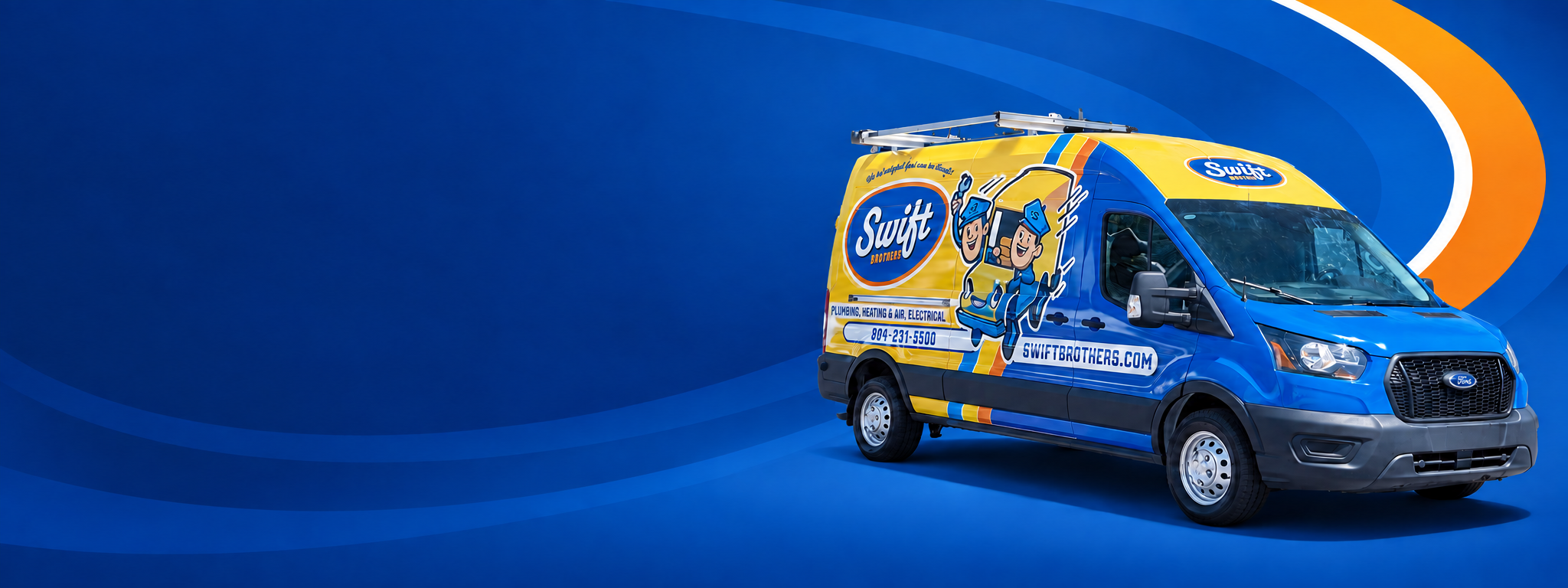 Graphic of a blue branded van driving against a dark blue background with orange swooshes.